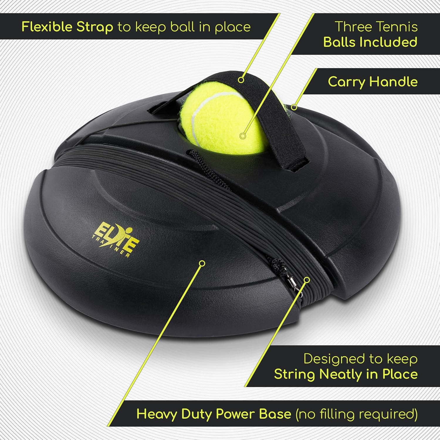 Tennis Rebound Ball Set | Heavy Duty Power Base, No Filling Required | Three Tennis Balls, Long Elastic Rope, and Drawstring Bag | Premium Solo Training Equipment for Any Skill Level