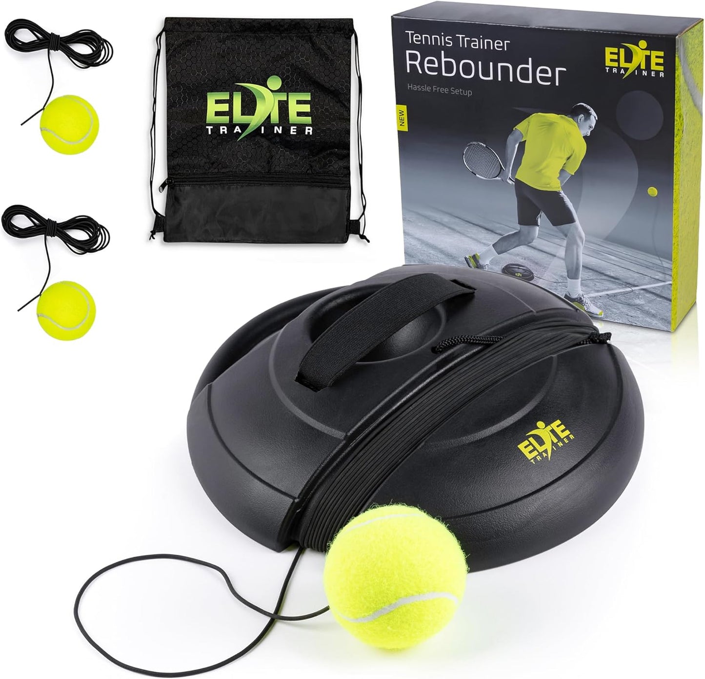 Tennis Rebound Ball Set | Heavy Duty Power Base, No Filling Required | Three Tennis Balls, Long Elastic Rope, and Drawstring Bag | Premium Solo Training Equipment for Any Skill Level